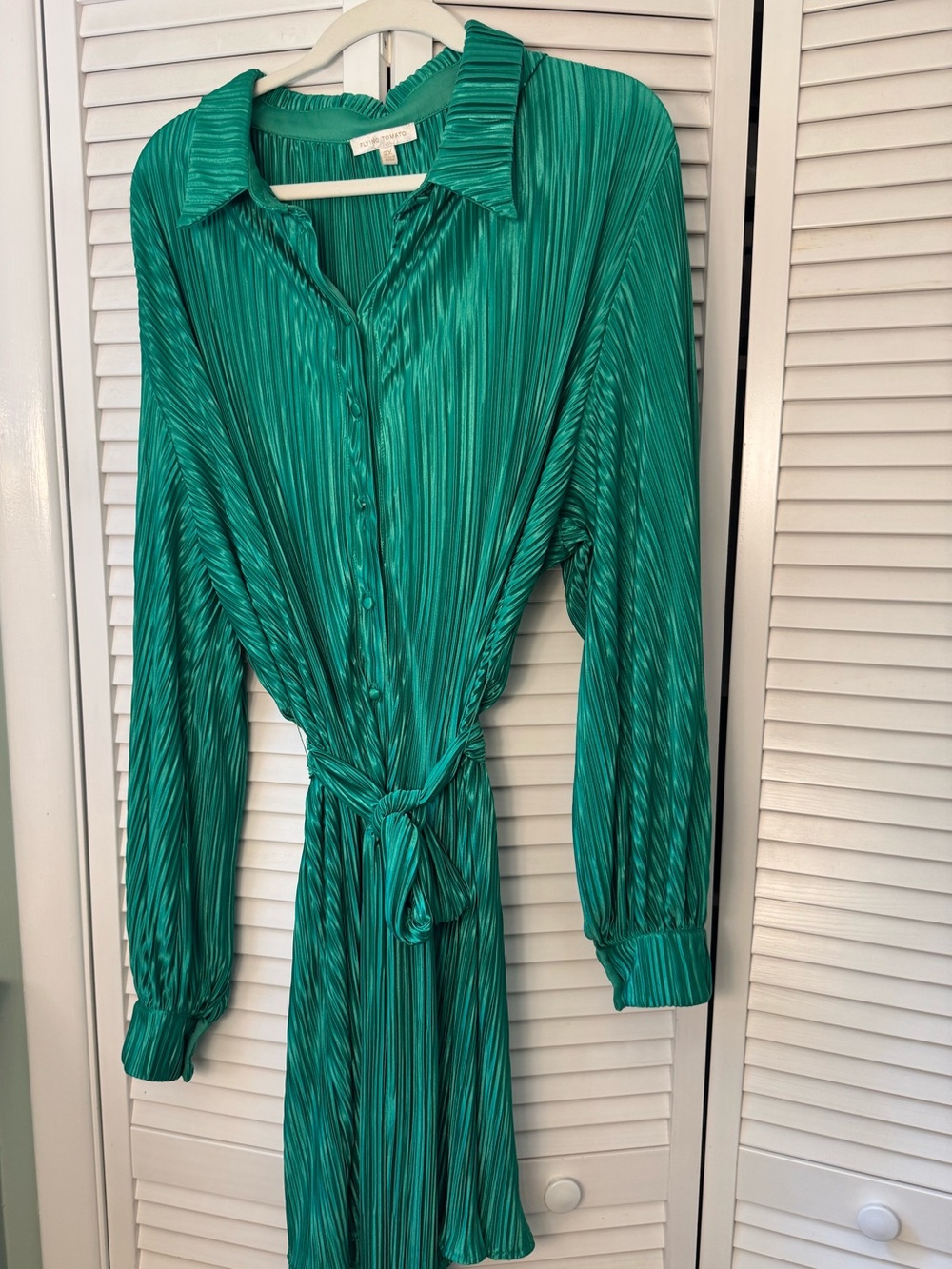 Flying Tomato Emerald Green Pleated Button-Front Shirt Dress with Tie Waist